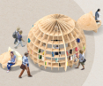 The public library in the form of a sphere is made of plywood