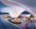 A futuristic pavilion with glowing lines, surrounded by people and illuminated seating areas.