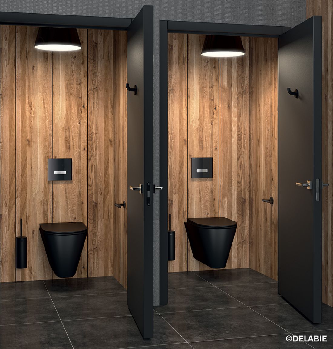 WC S21 S BLACK, zawór spłukujący TEMPOFLUX 3 i czarne akcesoria ©DELABIE
