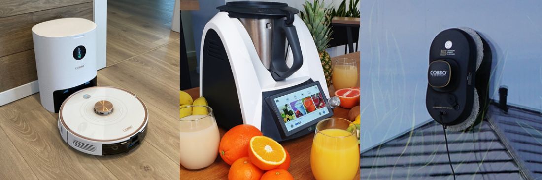 Wybrane urządzenia marki COBBO Robotics (od lewej): robot odkurzająco-mopujący ze stacją opróżniającą PRO 27 UV, wielofunkcyjny robot kuchenny COBBO 7, robot do mycia okien COBBO i5