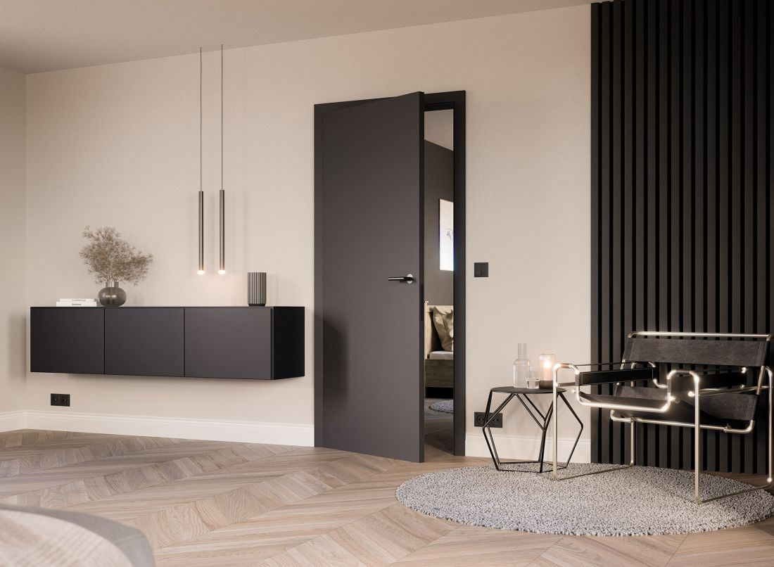 Drzwi drewniane ProLine, bezprzylgowe, powlekane matowym lakierem w kolorze RAL 9005, klamka Linea Planar black.edition, bez otworu na klucz