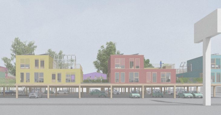 Modular houses above the parking lot. Maria Hofman | AiB