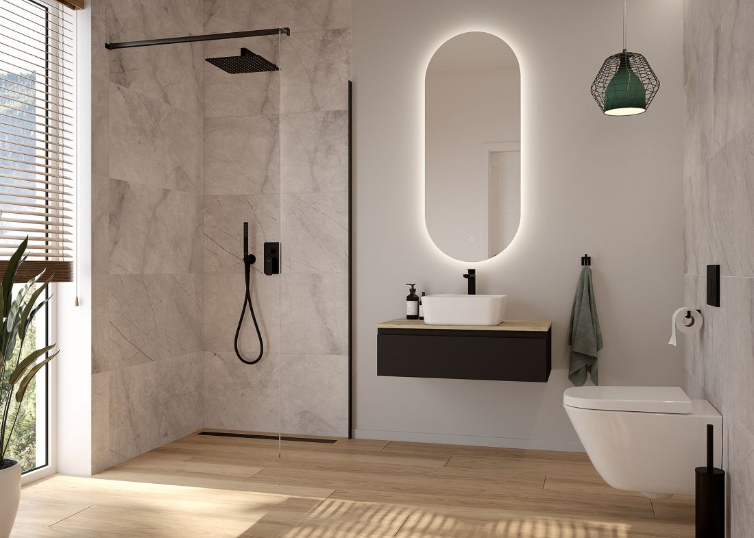 32404300 Hadsel bateria umywalkowa stojąca wysoka, czarny mat. 42540000 Hadsel zestaw miska WC wisząca PureRim z powłoką SmartClean z deską wolnoopadającą, biały. 40807000 Hadsel umywalka nablatowa kwadratowa z powłoką SmartClean biała. 64114000 Nordlis l