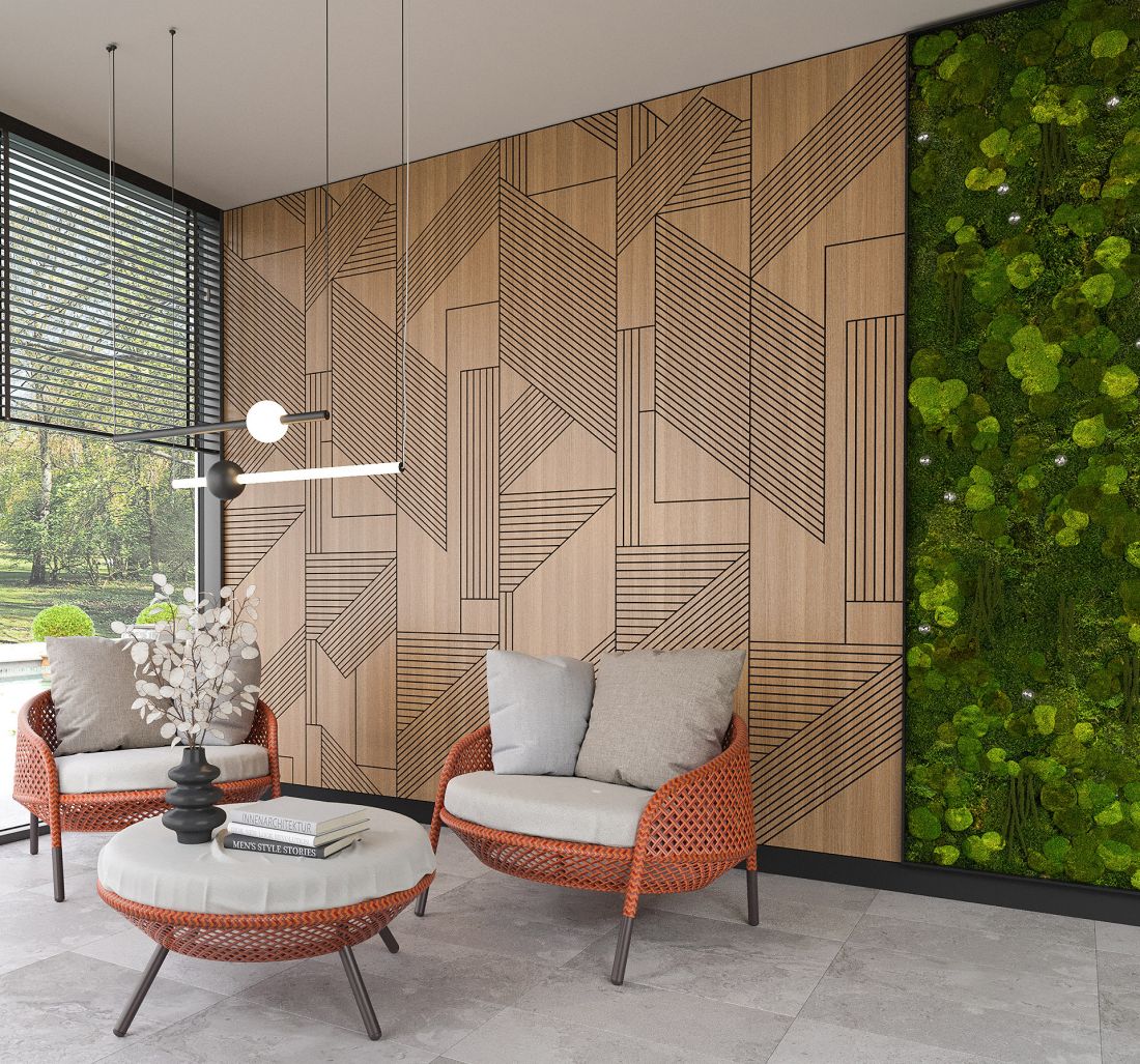 Panele akustyczne DIAGONALE fornirowane w formacie Large 50 x 280. Zabezpieczone lakierem trudnopalnym