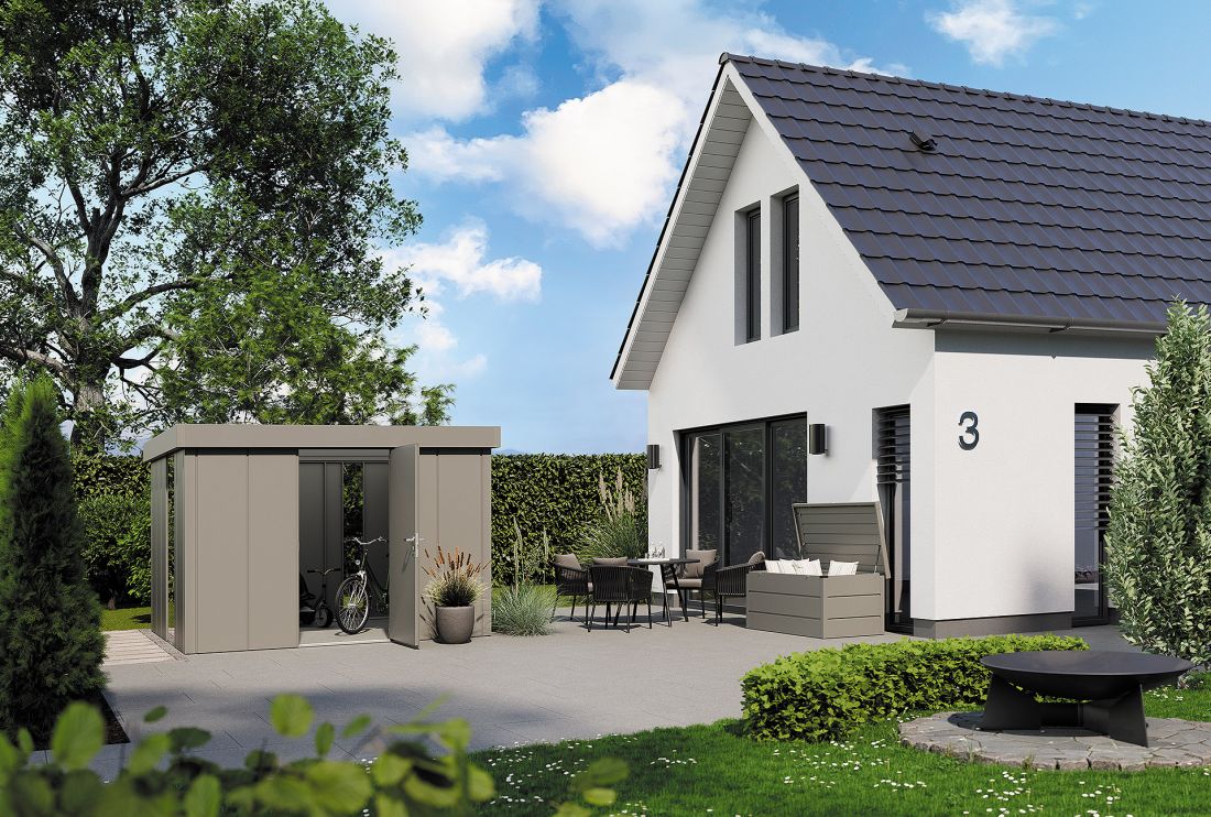 Domek Juno, dach 1-spadowy Design, kolor RAL 9007, wielkość JFD 13 oraz skrzynia ogrodowa, typ 1320, kolor RAL 9007