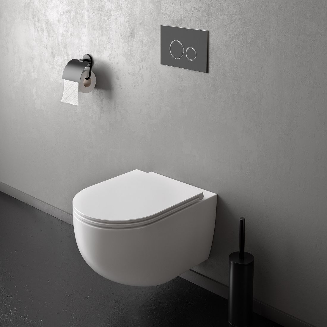 Ksuro 01 – miska WC wisząca Pure Edge z powłoką Intelligent Coat z deską wolnoopadającą biały (22801000) Ksuro 01 – uchwyt na papier toaletowy ścienny chrom błyszczący (41001010)