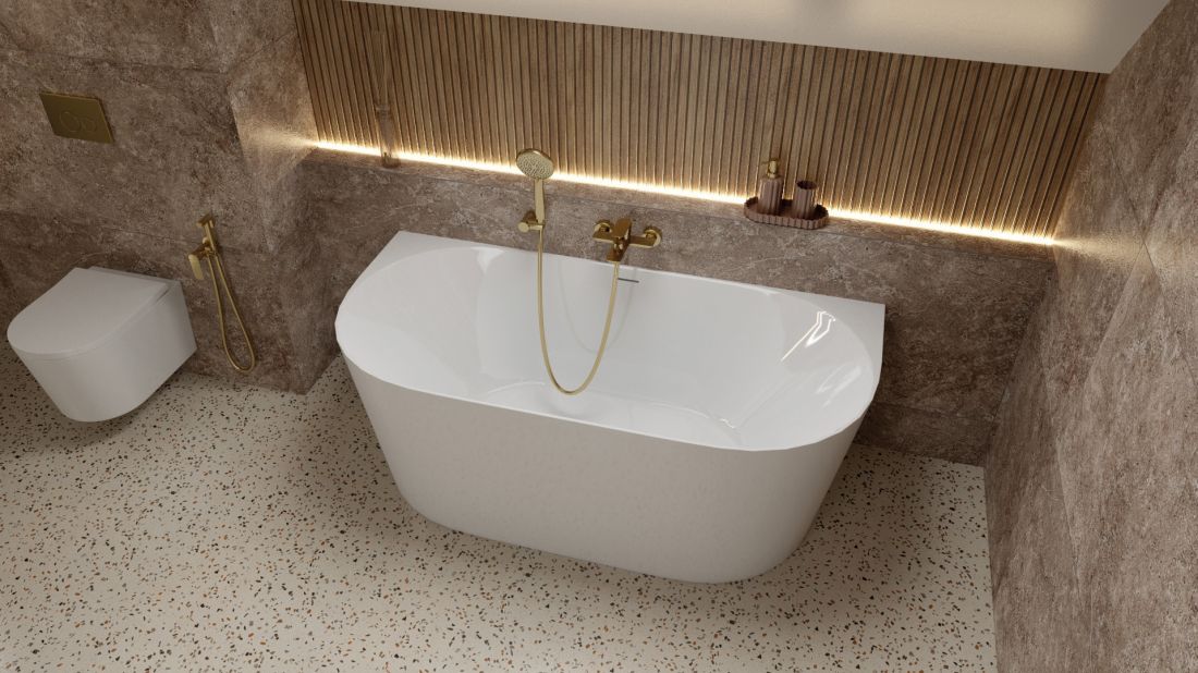 Miska wisząca Versoni 3.0, przycisk do stelaża Lav 200.4.5 Brushed Gold, bateria bidetowa podtynkowa Spark Brushed Gold, wanna przyścienna Caldera Slim, bateria wannowo-prysznicowa Spark z uchwytem punktowym Brushed Gold