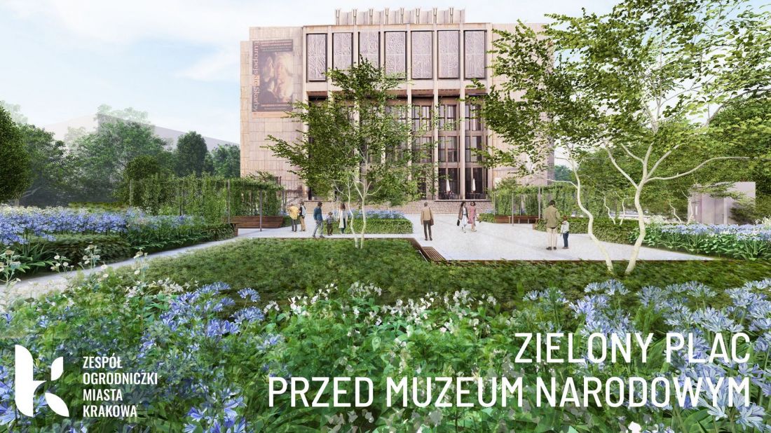 Zielony plac przed Muzeum Narodowym w Krakowie