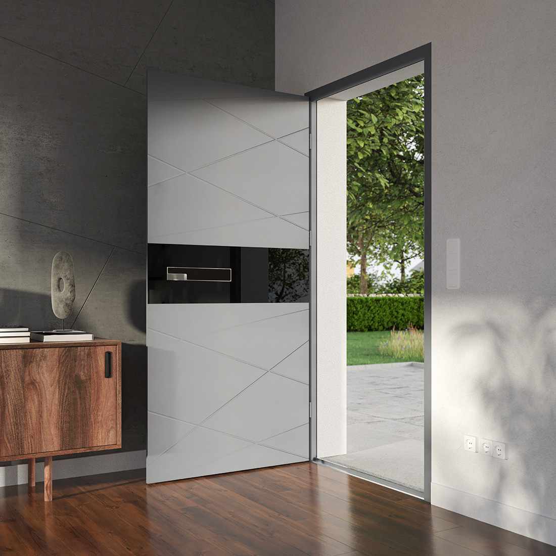 Wzór Glass Front nr 06 w kolorze Srebrno-Szary + pochwyt zlicowany Slim Pocket z czarnym szkłem
