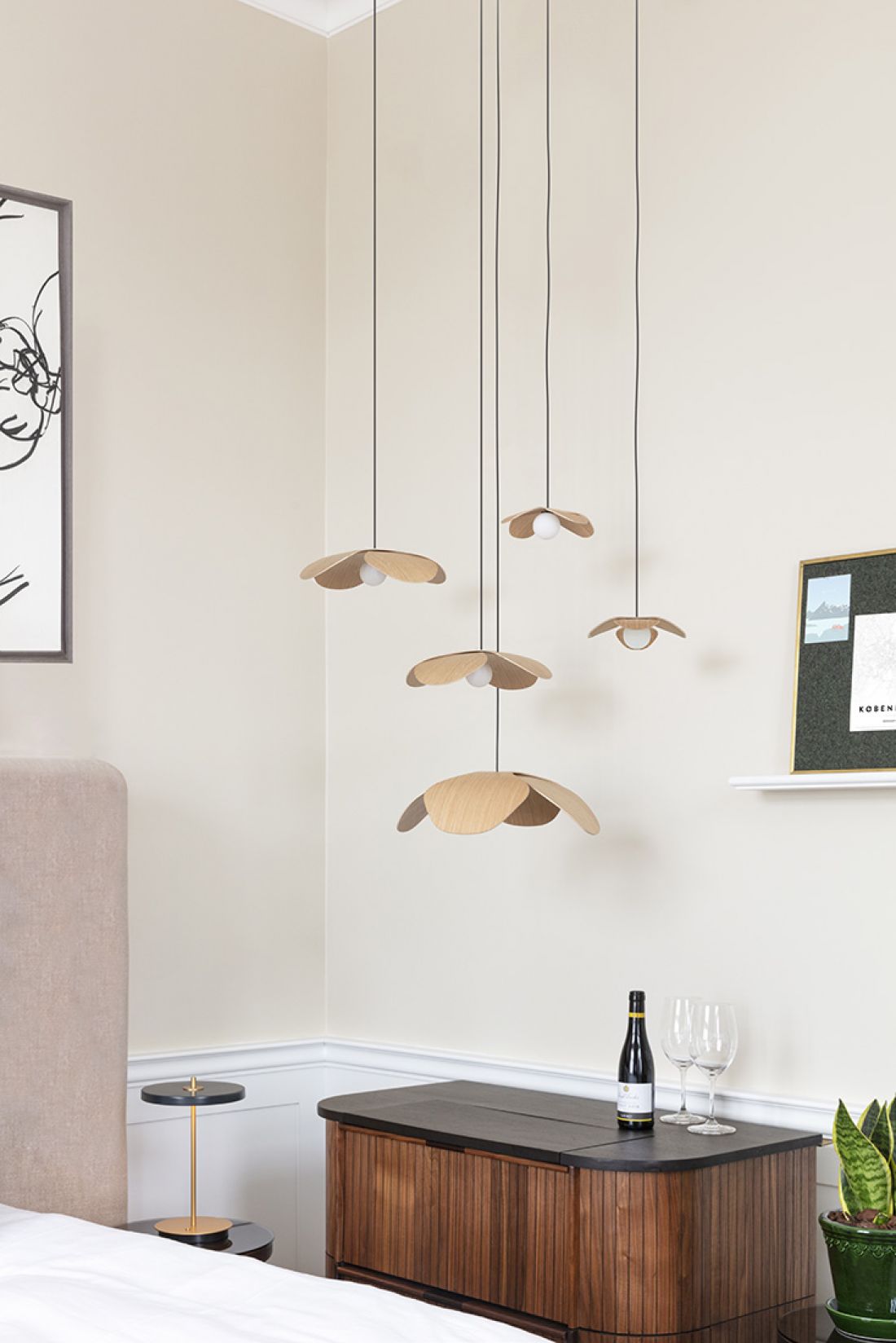 Lampy wiszące Forget Me Not wykonane z forniru dębowego, zawieszenie Rosette Mini Cluster 5 G4, Umage