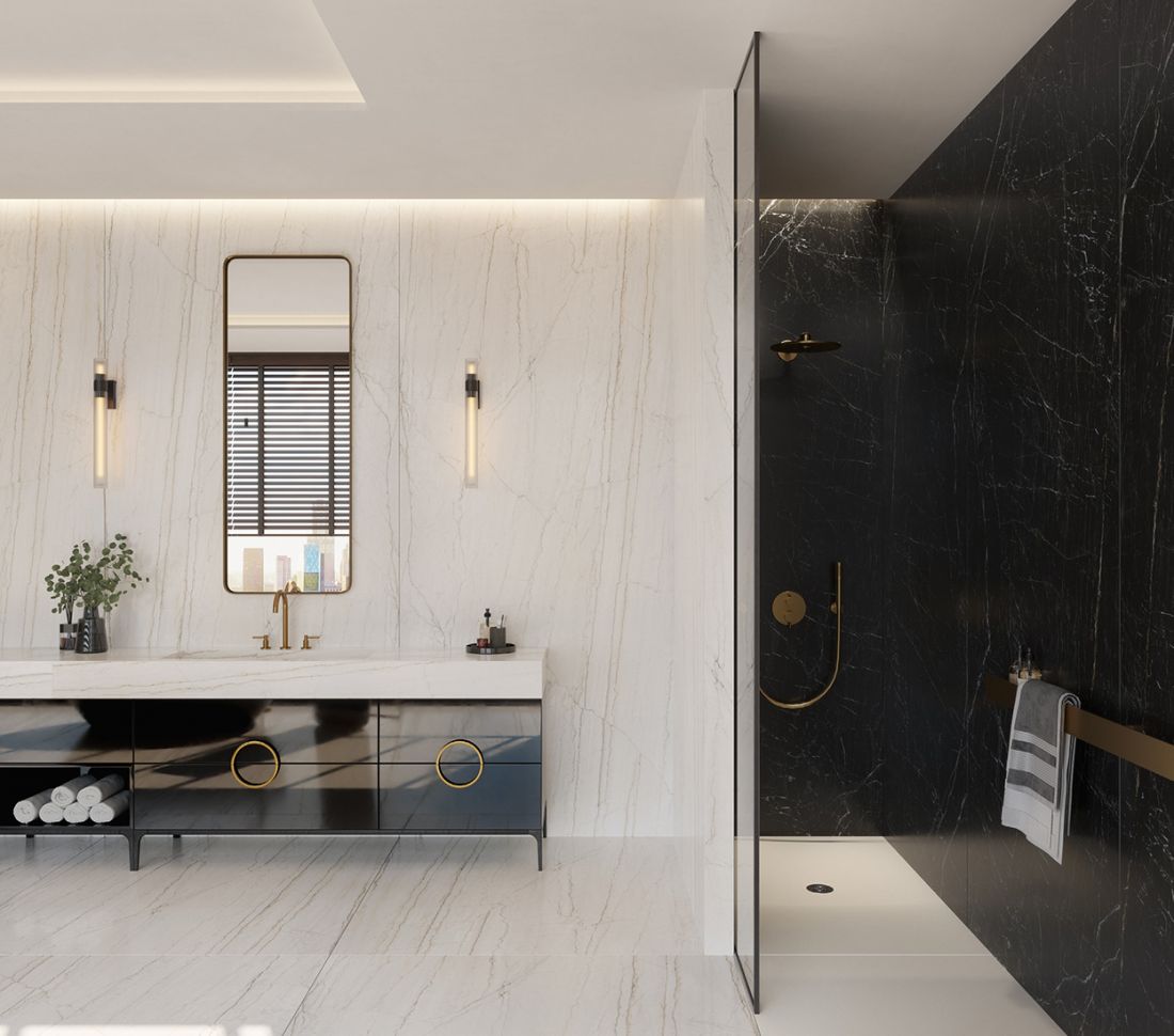 Białe (Dekton Neural) i czarne (Dekton Somnia) okładziny podłóg i ścian z najnowszej kolekcji Dekton Onirika