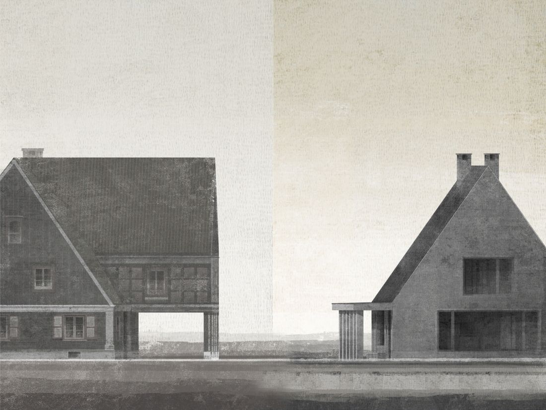 zestawienie sylwet domów podcieniowych, historyczny i projektowany