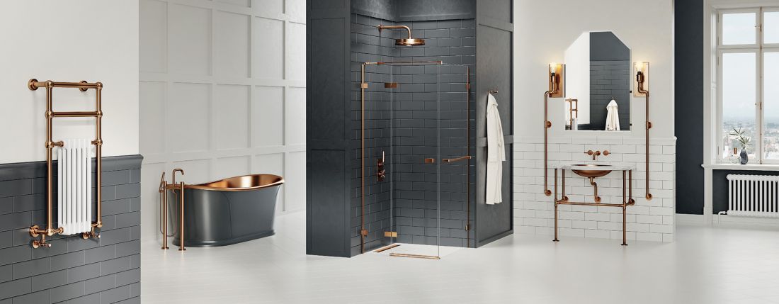 Kabina prysznicowa z wieszakiem relingowym z kolekcji Avexa Copper Brushed