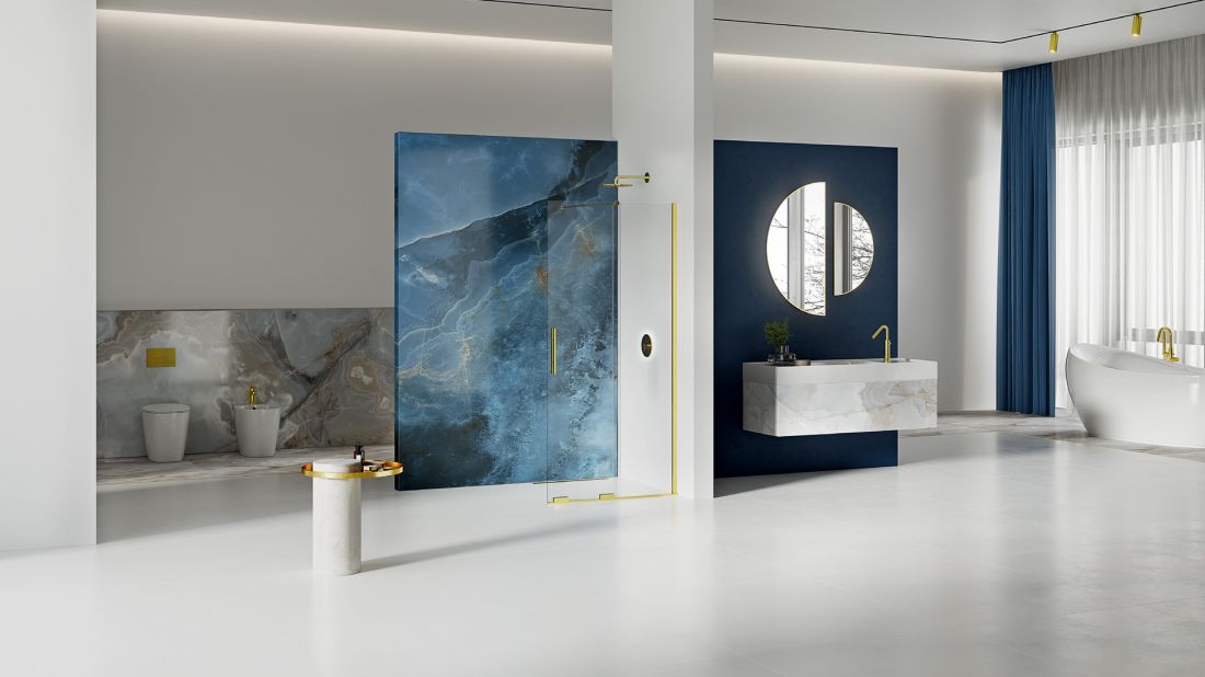 Kabina prysznicowa typu walk in z przesuwną szybą z kolekcji Smart Light Gold