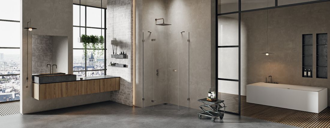 Pięciokątna kabina prysznicowa z kolekcji Avexa Gunmetal Brushed