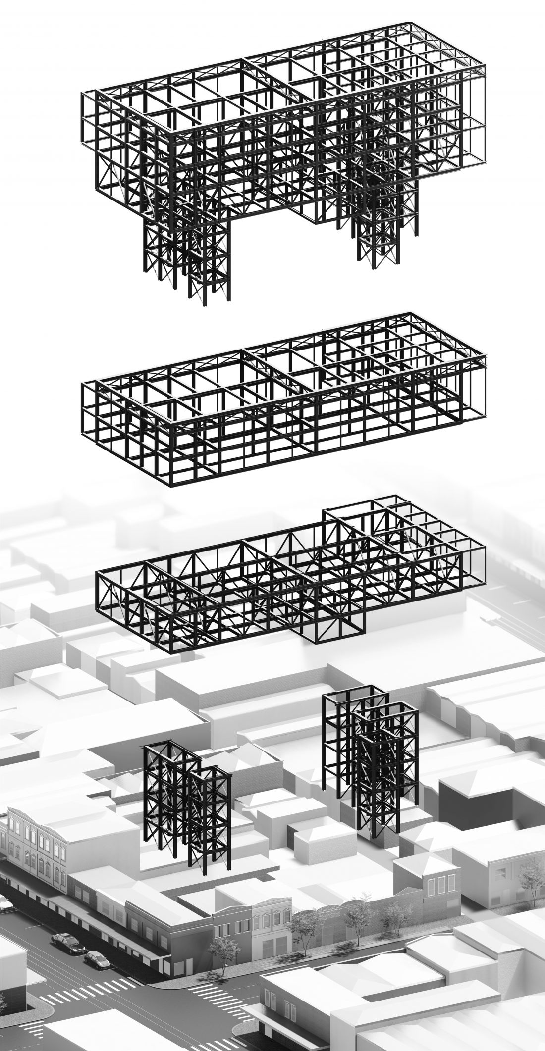 Projekt budynku mieszkalno-usługowego, aksonometria konstrukcji