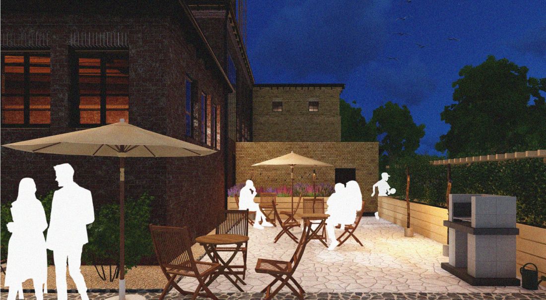 Obok kotłowni znajduje się patio i miejsce na grill