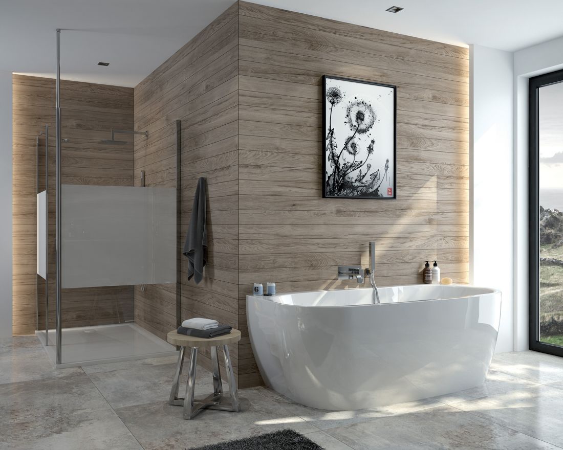 Wanna kompletna przyścienna serii LUXO typ WSPse-kplmb/ LUXO i kabina prysznicowa narożna zbudowana z dwóch kabin Walk-In serii PRESTIGE typ P/PRIII