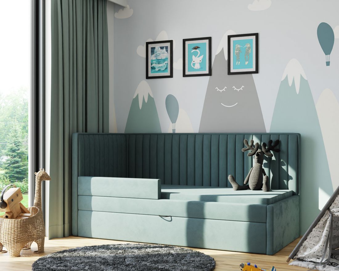 Łóżko z dwoma zagłówkami, barierką ochronną oraz szufladą wysuwaną na drugi materac lub skarby Comfort