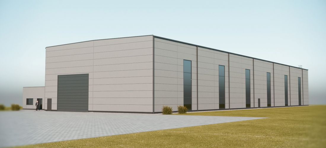Wizualizacja nowej hali produkcyjnej prefabrykowanych  elementów dla budownictwa szkieletowego