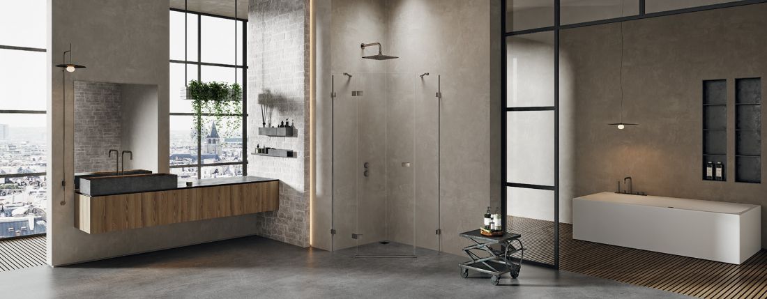 Pięciokątna kabina prysznicowa z kolekcji Avexa Gunmetal Brushed