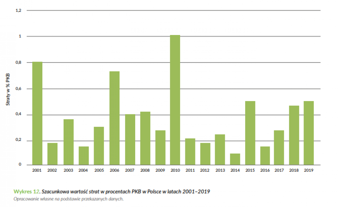 Szacunkowa wartość strat w procentach PKB w Polsce w latach 2001-2019 