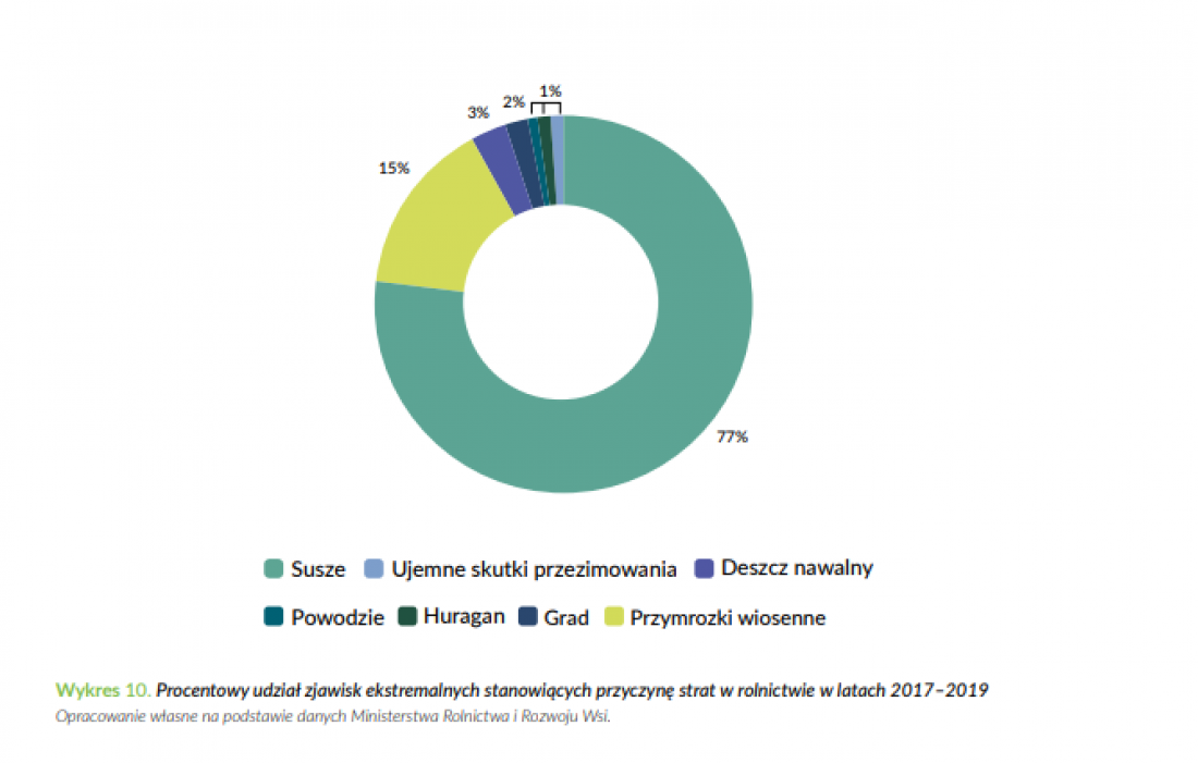 Procentowy udział zjawisk ekstremalnych stanowiących przyczynę strat w rolnictwie w latach 2017-2019