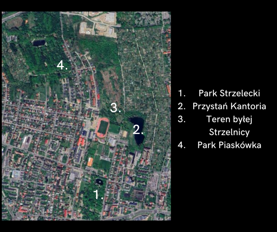 tereny byłej Strzelnicy stanowią łącznik pomiędzy innymi założeniami zielony. To one mogłyby zostać połączone w jeden park centralny
