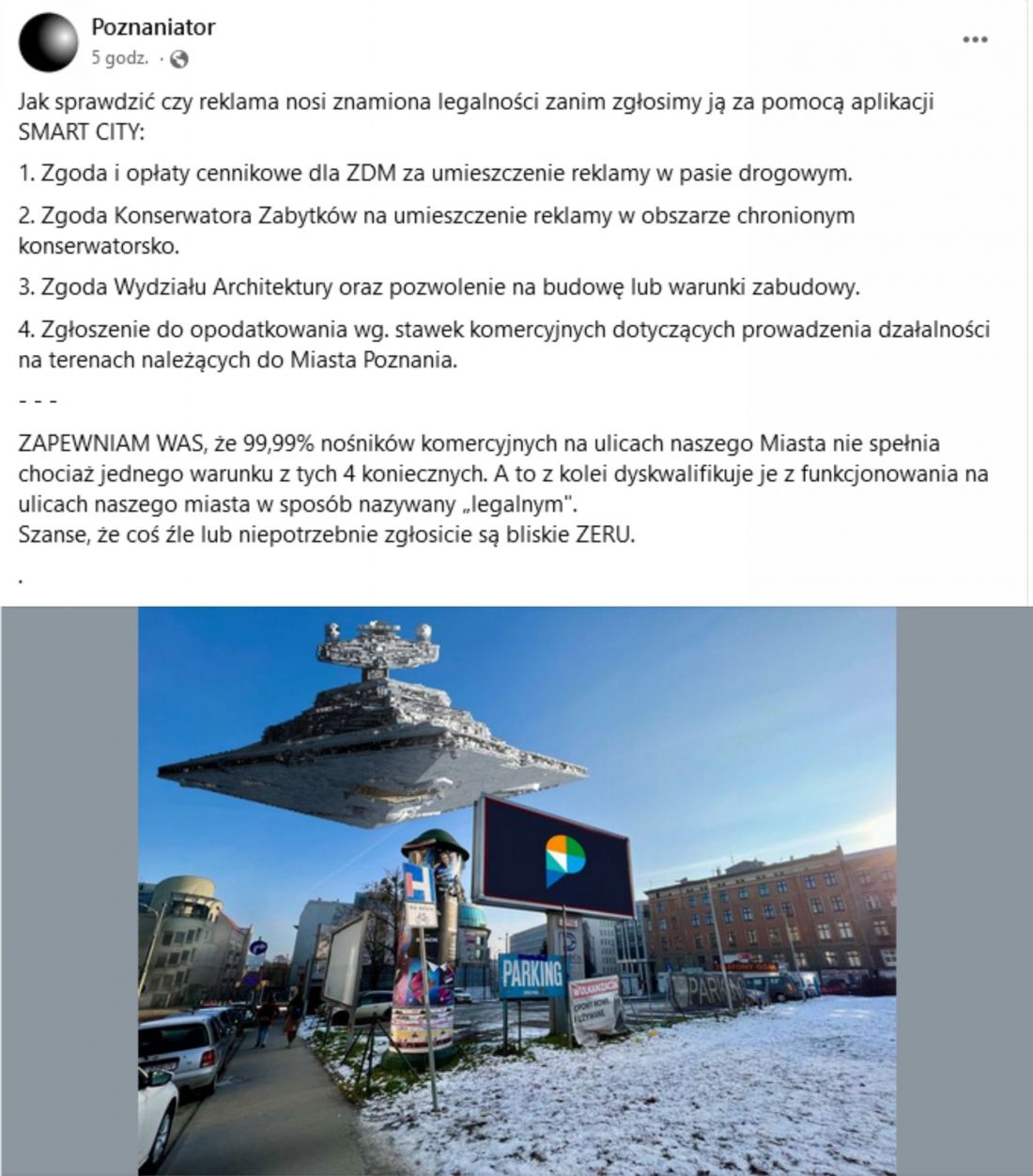 Zachęta do zgłaszania nielegalnych reklam na profilu inicjatywy Poznaniator 
