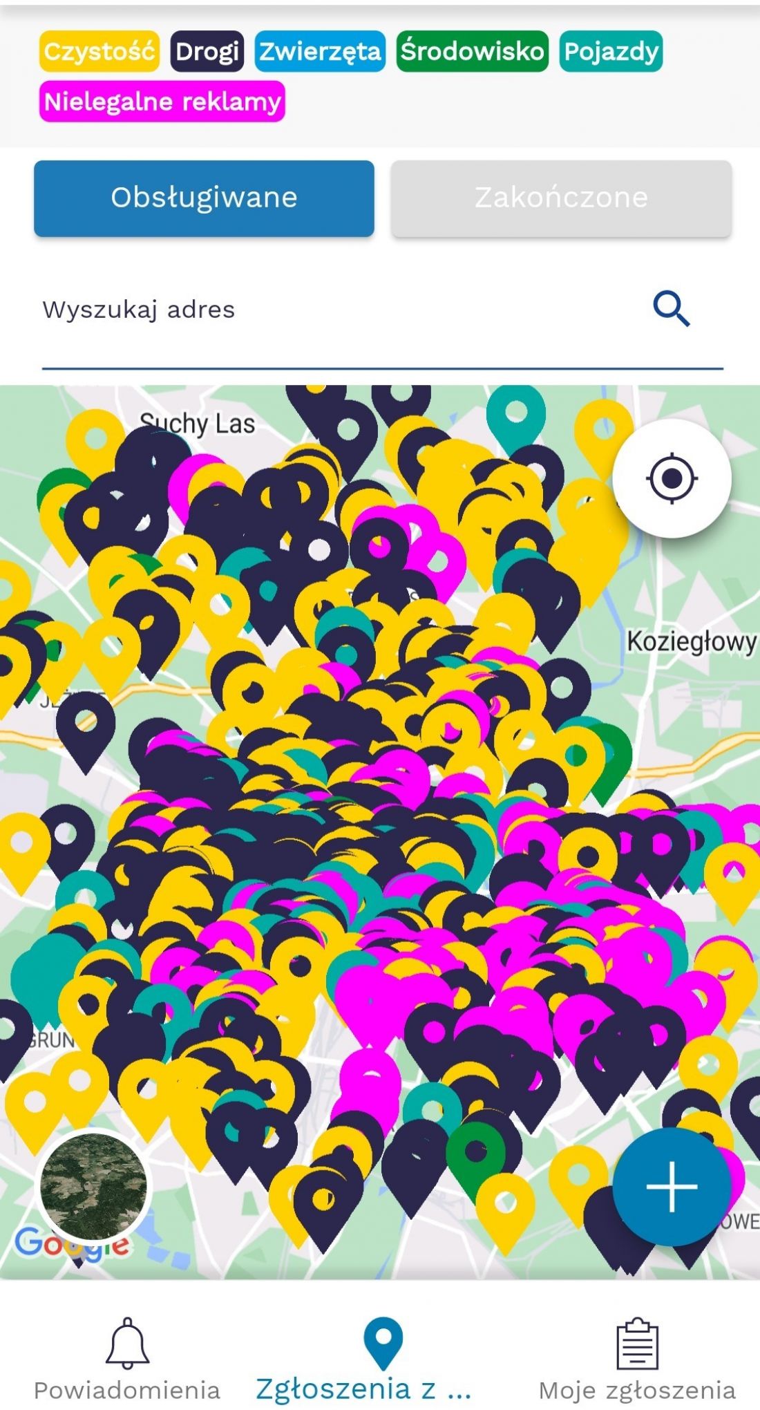 Smart City Poznań - mapa z zakładkami do zgłaszania problemów przez mieszkańców 