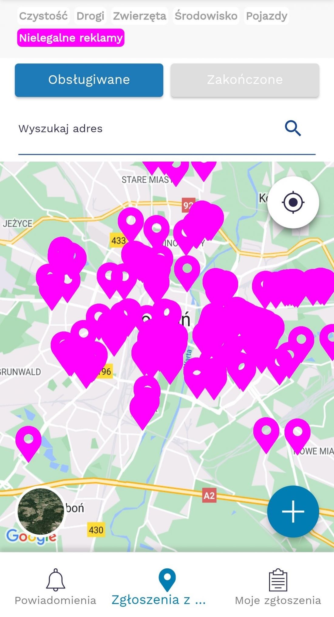 Smart City Poznań - mapa z zaznaczoną zakładką do zgłaszania nielegalnych reklam