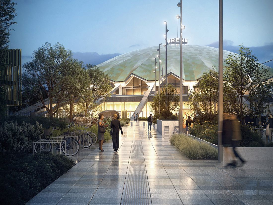 projekt przebudowy hali widowiskowo-sportowej Arena w parku Kasprowicza autorstwa CDF Architekci, wizualizacja