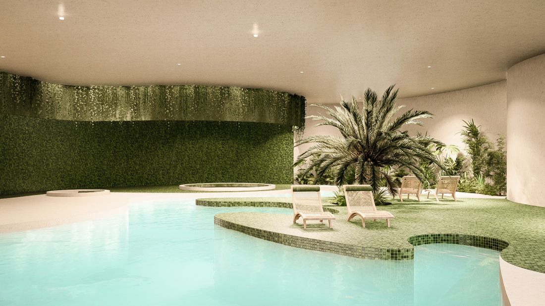 Sefę ognia obejmuje basen jacuzzi w kształcie kartograficznych linii obrysu wulkanu Batur i sauna parowa