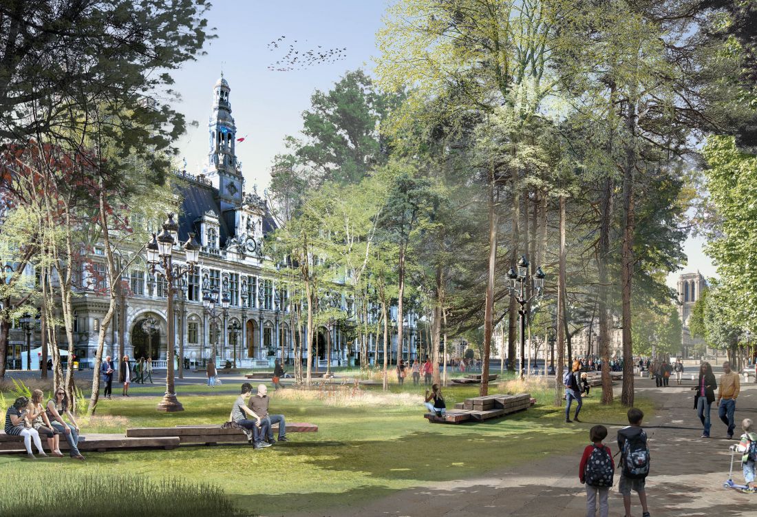wizualizacja „miejskich lasów” według miejskiej pracowni urbanistycznej; niestety, chociażby ze względu na znajdujący się pod istniejącym placem wielopoziomowy parking, realność tej wizualizacji jest niemal równa zeru