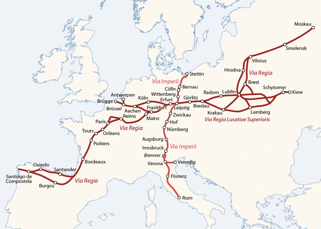 mapa przedstawiająca średniowieczne szlaki handlowe Via Imperii (kolor czerwony) i Via Regia (kolor bordowy) 