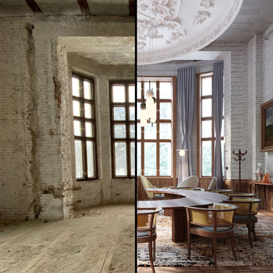 Sala obrad (zestawienie stanu zastanego i projektowanego)