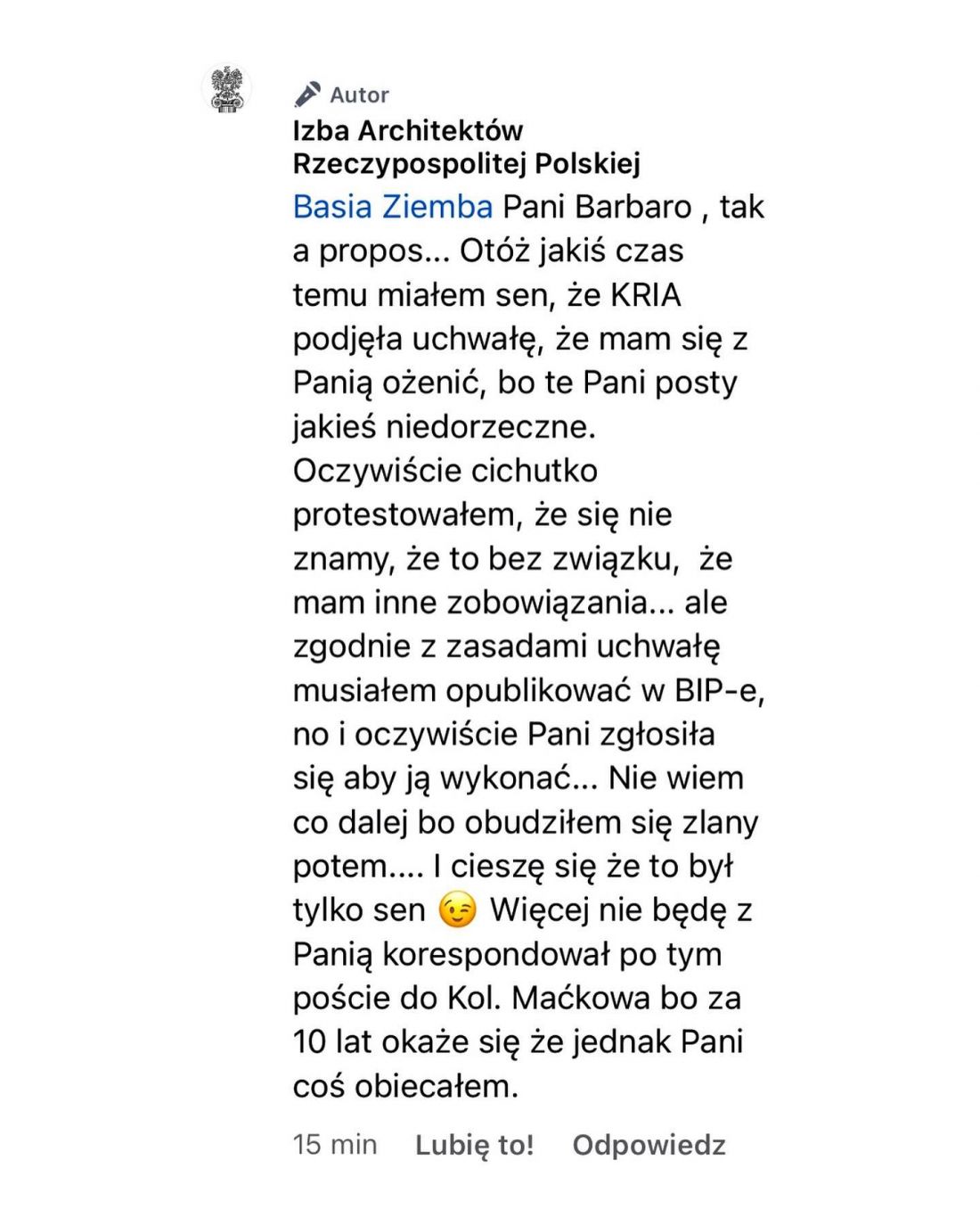 zrzut ekranu z konta na facebooku Izba Architektów Rzeczypospolitej Polskiej