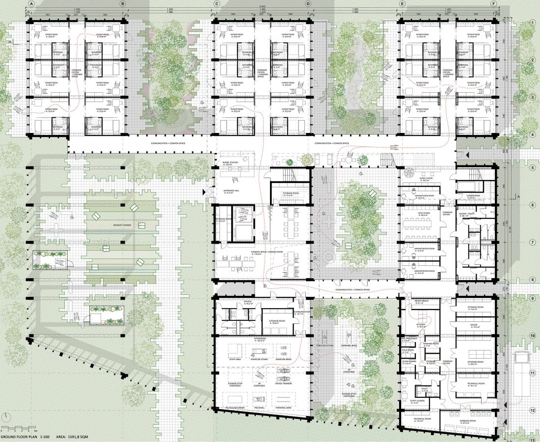 Centrum rehabilitacji w Gdańsku, rzut poziomu 0 (praca konkursowa)