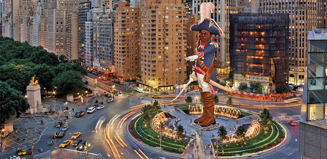 „Monuments Project”, proj.: Kinfolk, 2022; propozycja pomnika w rozszerzonej rzeczywistości na cześć generała Toussainta Louverture na Columbus Cirlcle oraz widok aplikacji AR 