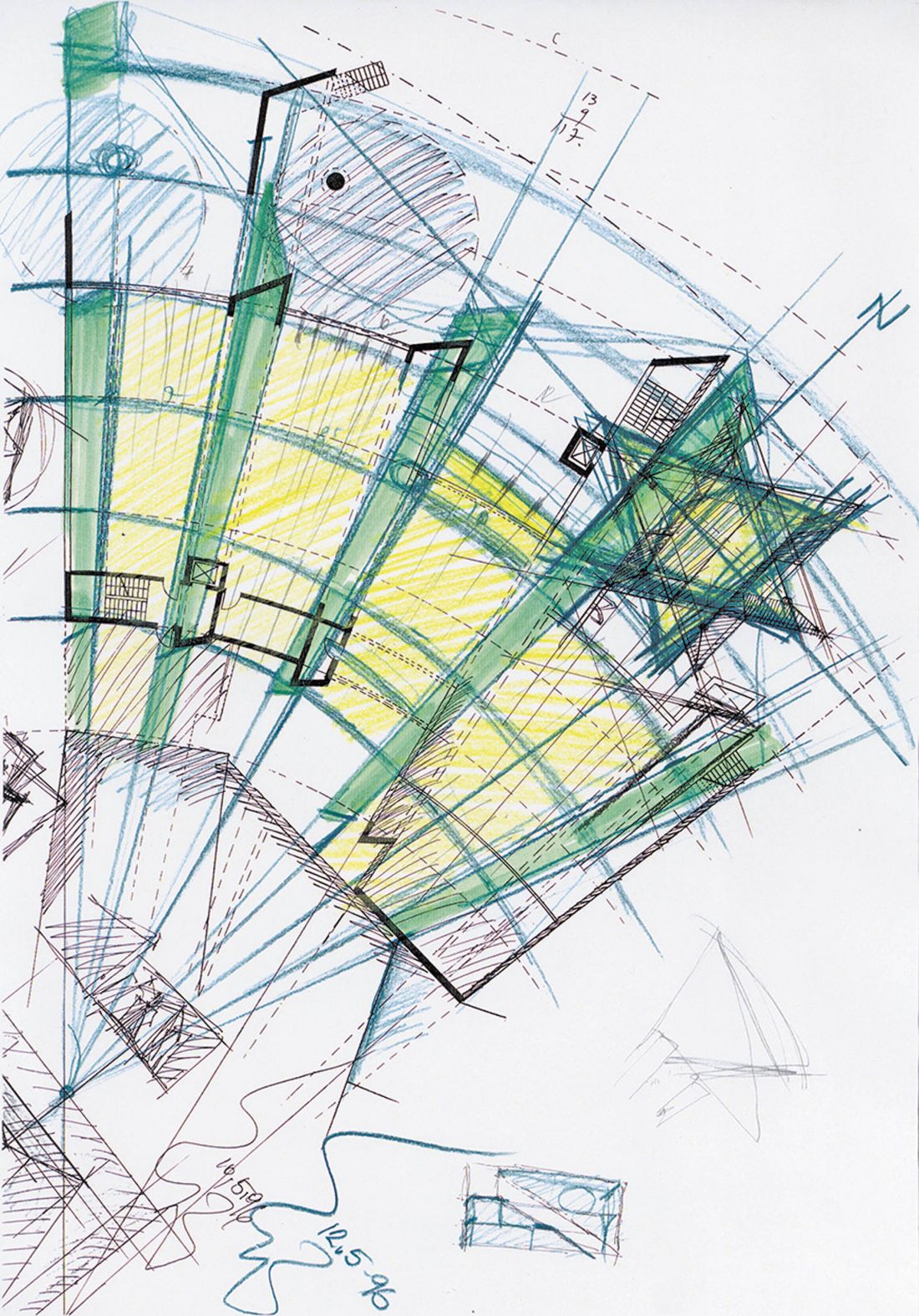 Centrum Kultury Żydowskiej w Duisburgu, Niemcy, proj.: Zvi Hecker, 1996–2000; akryl na płótnie oraz ołówek i pióro na papierze (42×29,7 cm), 1996