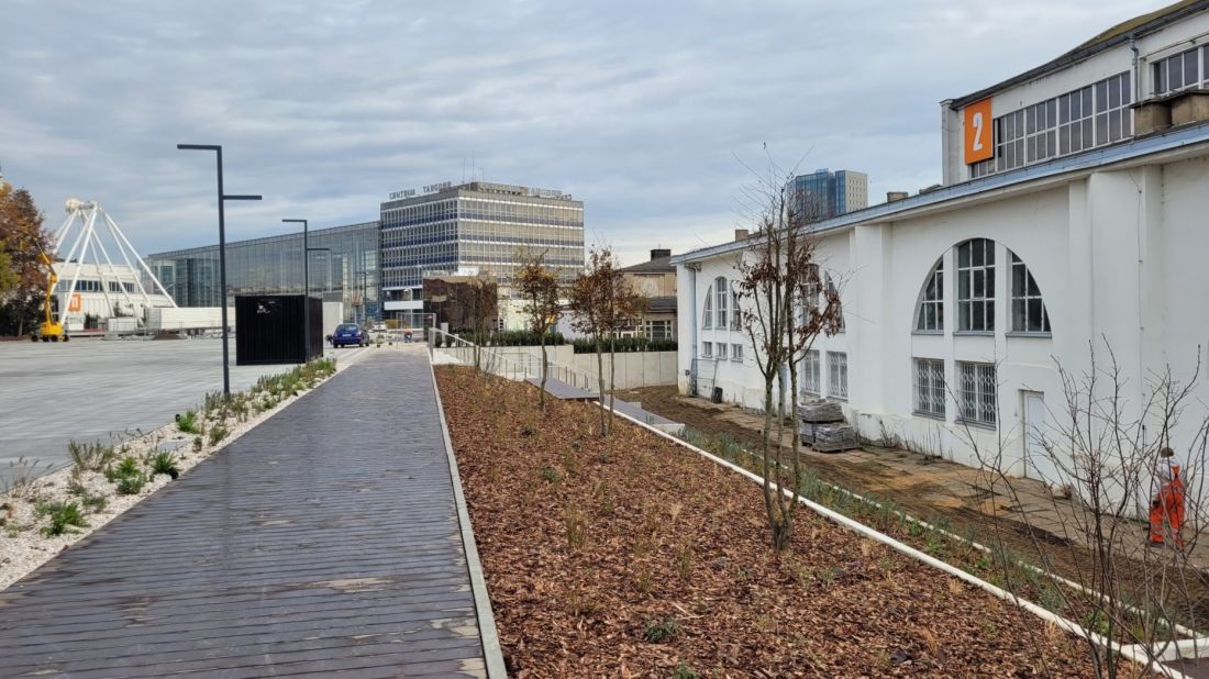 plac Pewuki, widok od południa, od prawej: hala nr 2, gmach administracyjny, Centrum Targowe, Wejście Wschodnie