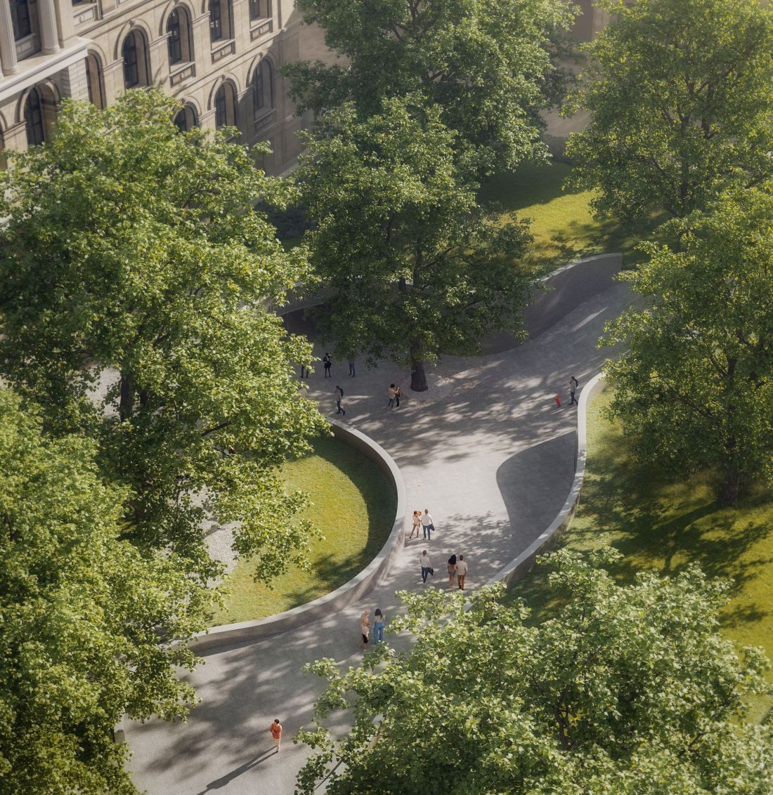 architekci i architektki z WXCA zaproponowali nową strefą wejściową z funkcjami towarzyszącymi na poziomie -1