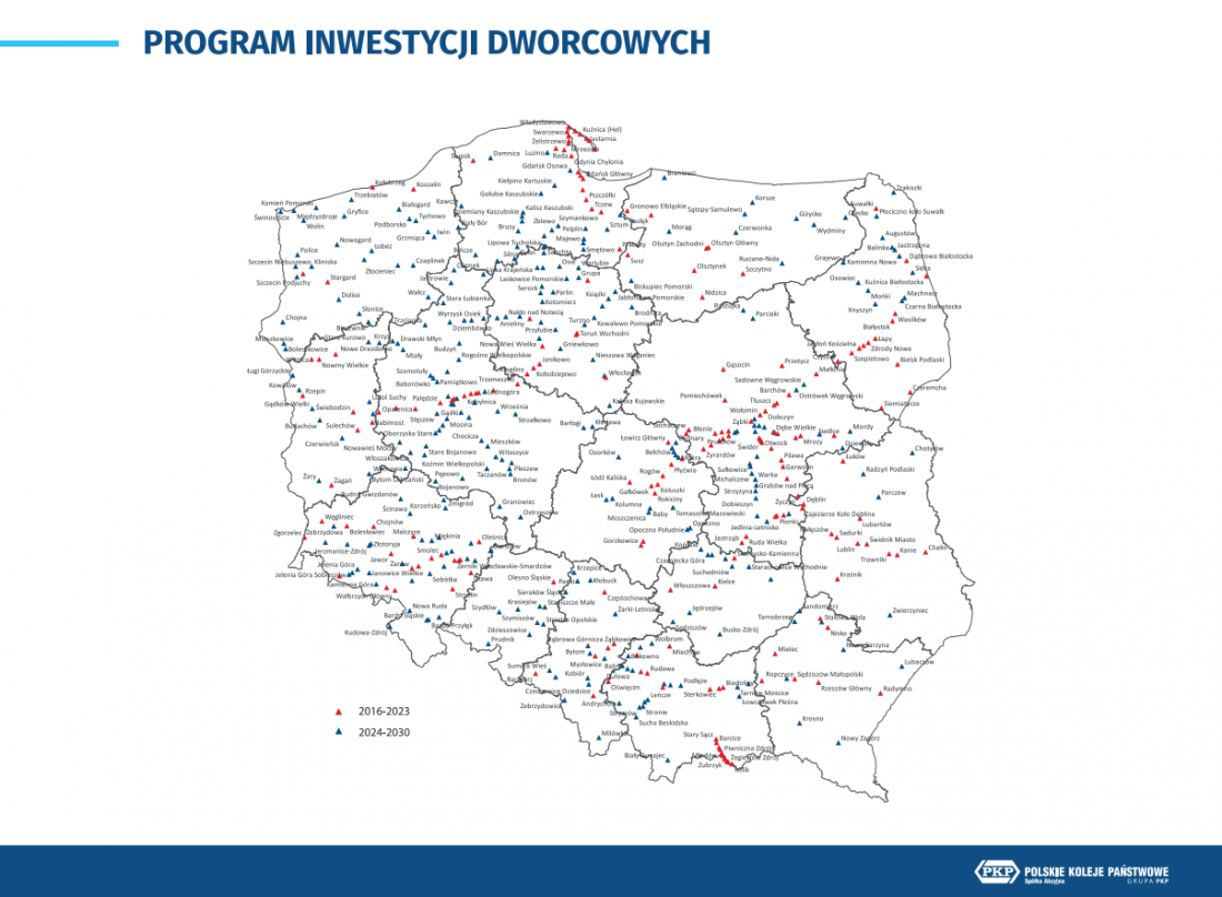 mapa polski przedstawiająca dworce z poprzedniego i obecnego programu inwestycji
