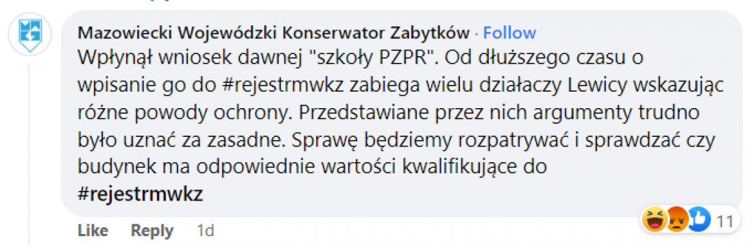 Komentarz MWKZ na profilu Miasto Jest Nasze