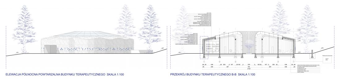 Przekrój i elewacja budynku terapeutycznego