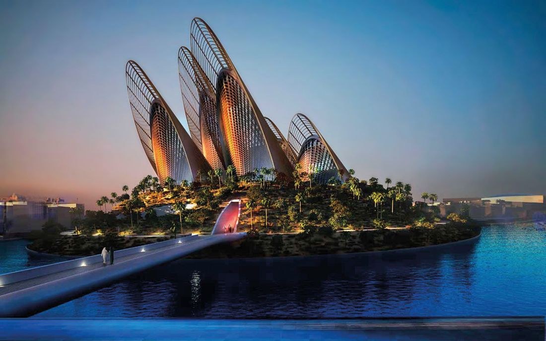 wizualizacja Muzeum Narodowego im. Szejka Zayeda na wyspie Saadiyat w Abu Zabi zaprojektowanego przez biuro Foster + Partners