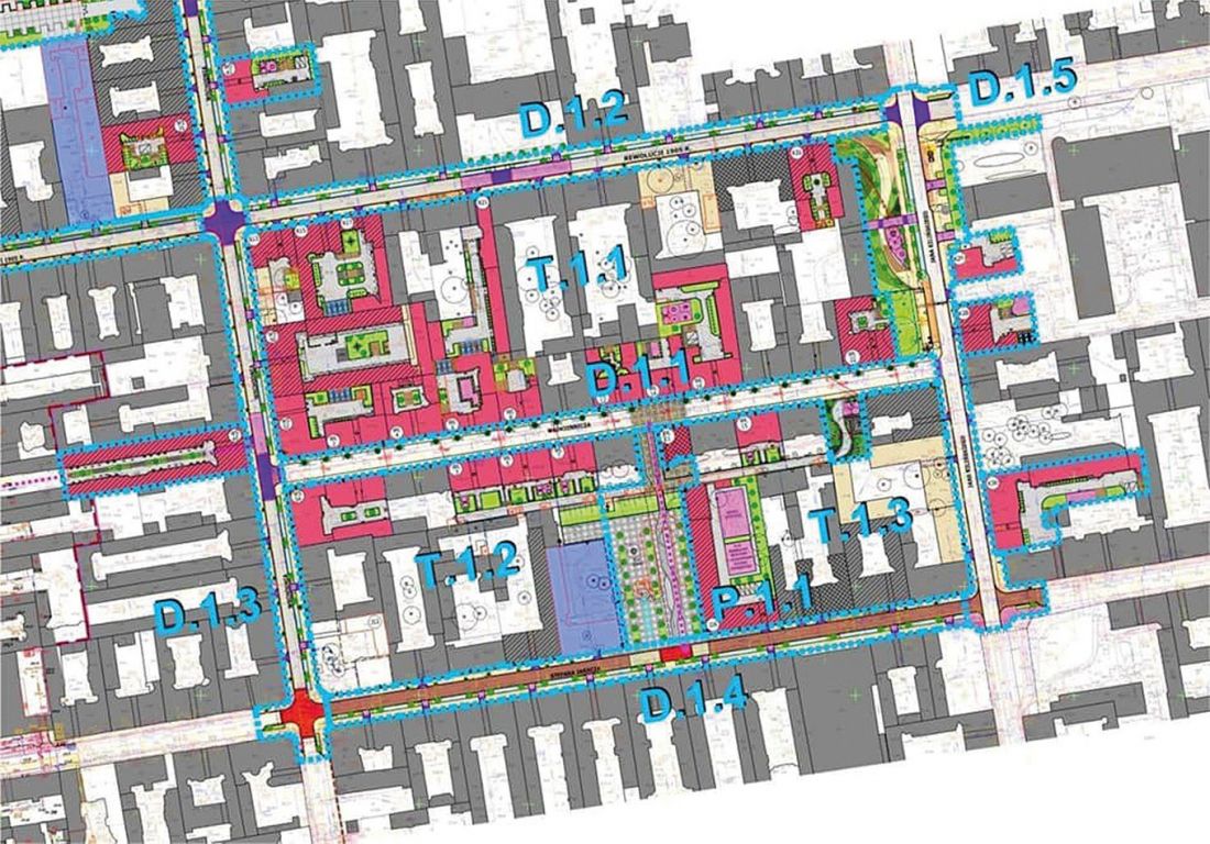 Ulica Włókiennicza, zakres działań przestrzennych w granicach obszaru 1 Projektu Rewitalizacji Obszarowej Centrum Łodzi