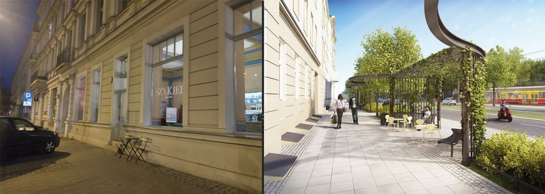 Przestrzeń przed kamienicą w pierzei ulicy Północnej, stan przed rozpoczęciem budowy i stan projektowany