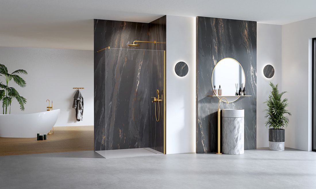 W ofercie New Trendy są wyjątkowe kabiny typu walk-in, w najmodniejszych kolorach. Na zdjęciu zaprezentowano kolekcję Nesta w kolorze Gold Brushed