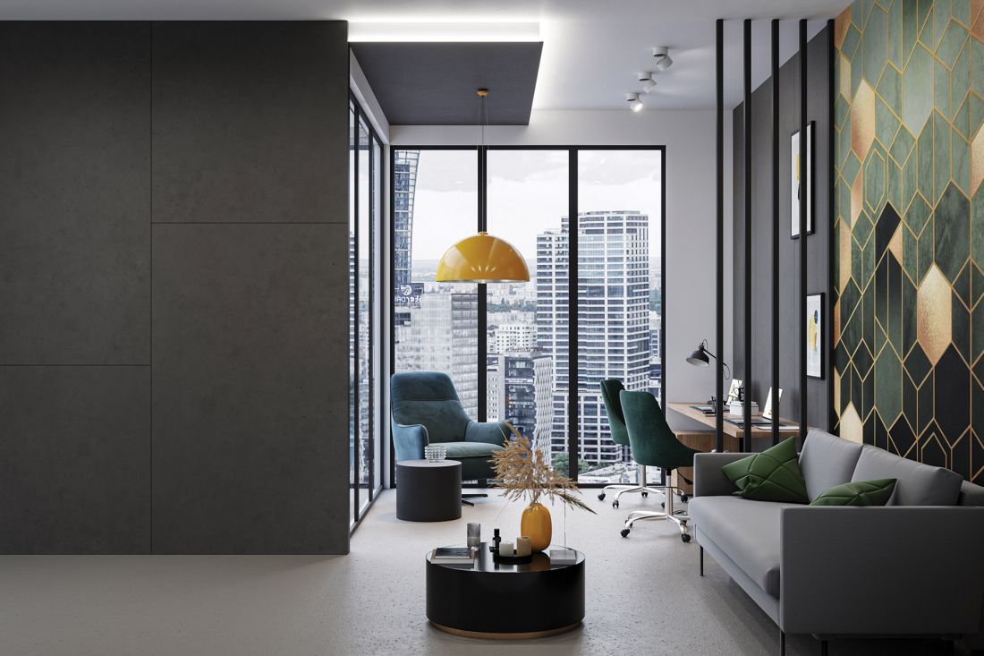 Luxum, wielkoformatowy beton architektoniczny PURE na wymiar oraz półkolista lampa Luminato